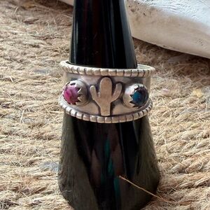 Sterling Silver Cactus Ring with Pink and Blue Dahlia  Stones